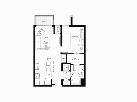 Floor plan for 1 bed, 1 bath, 756 sqft